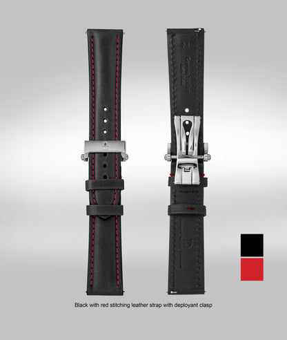 Black with red stitching padded leather strap - 22mm