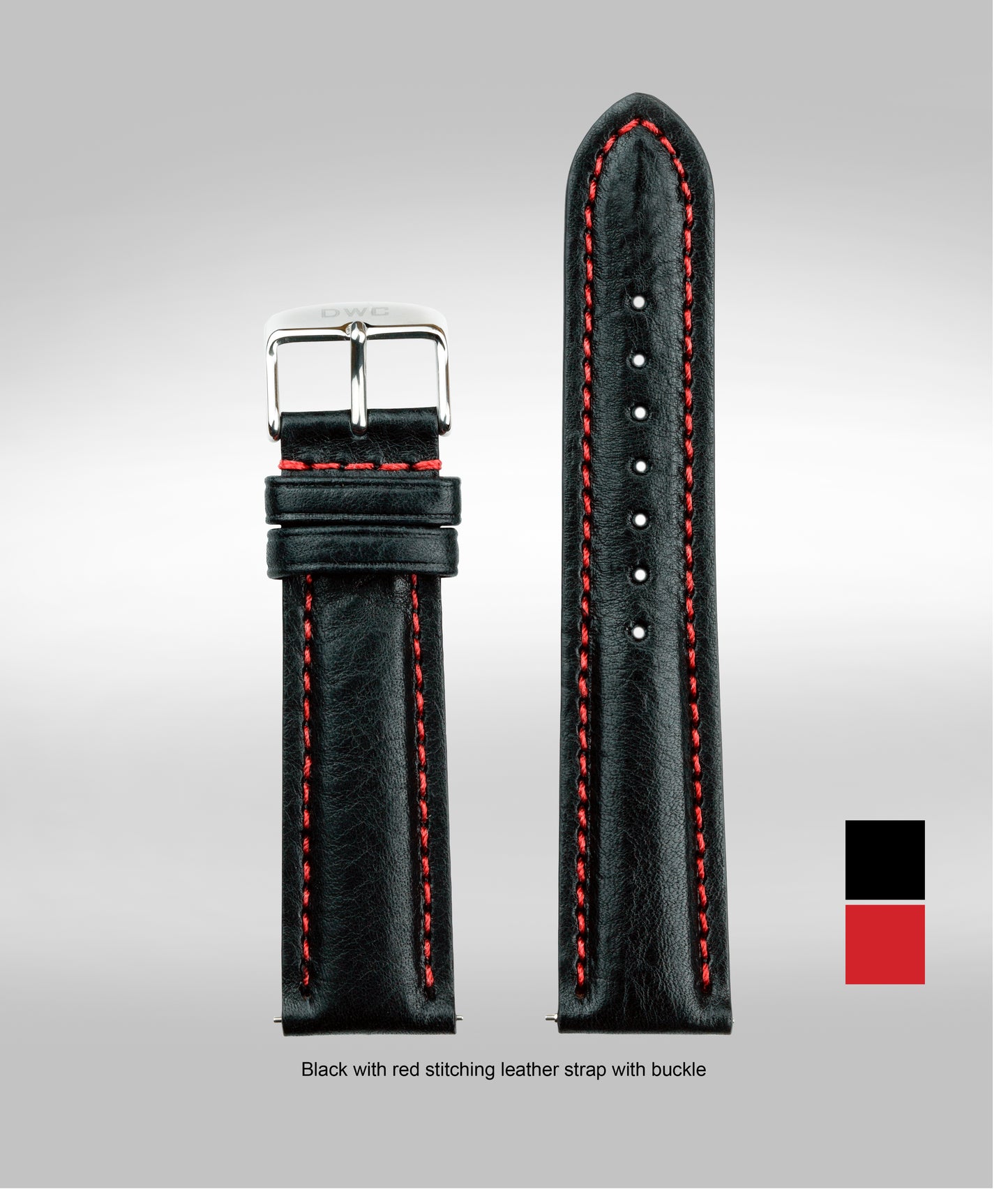 Black with red stitching padded leather strap - 22mm