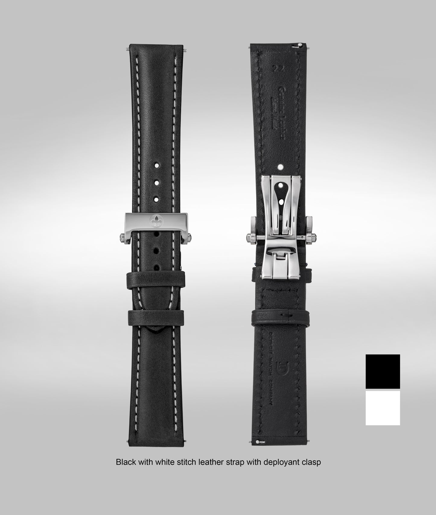 Black w/white stitch padded leather strap - 22mm
