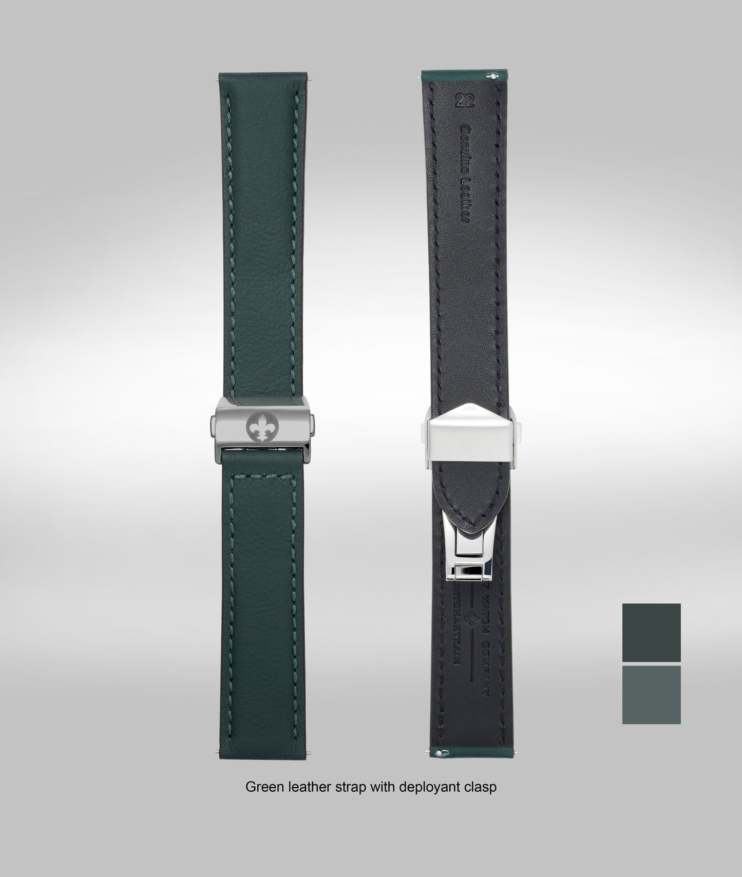 Green padded leather strap - micro slide clasp - 22mm