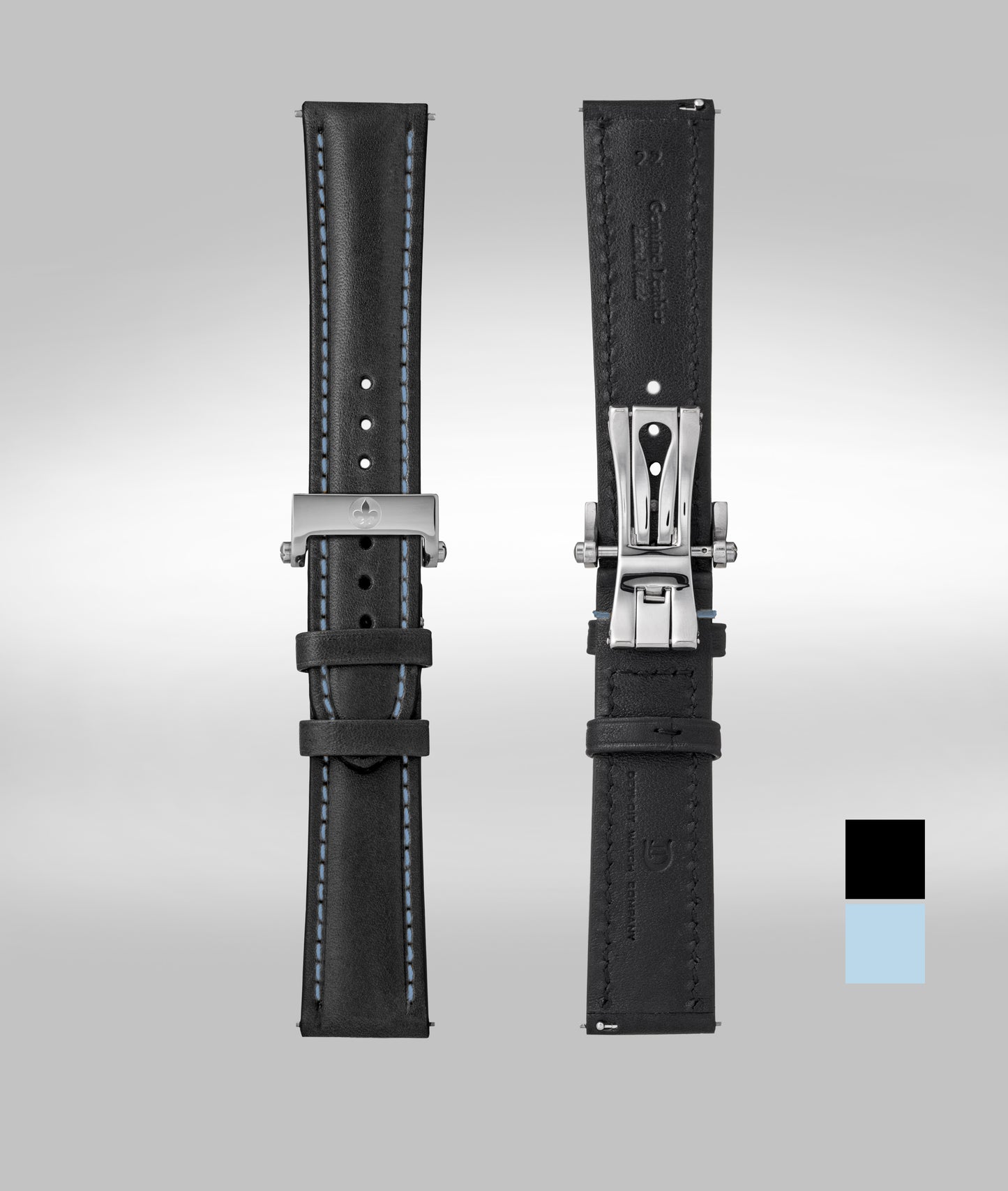 Black with light blue stitch padded leather strap - 22mm