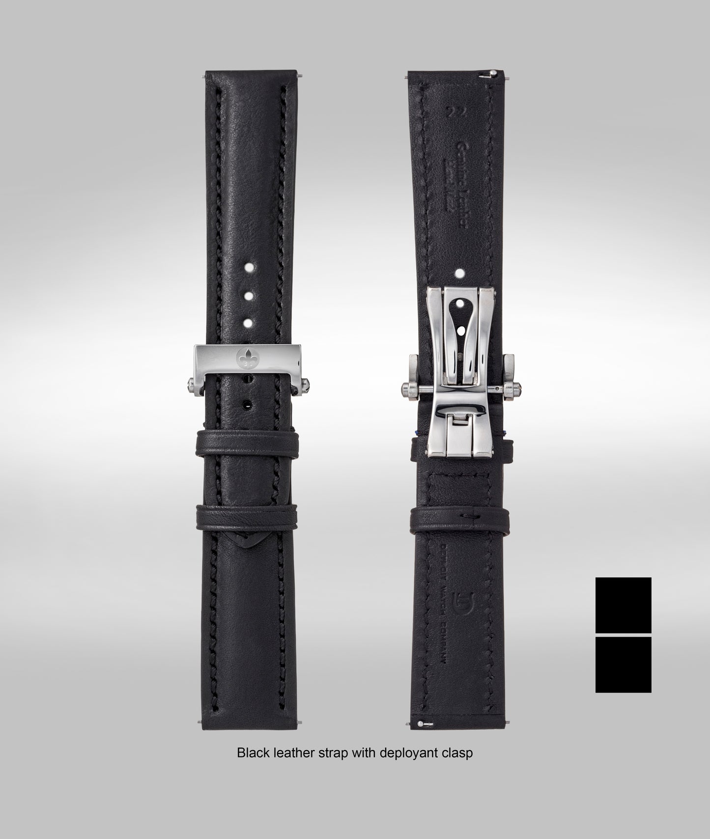 Black with black stitching padded leather strap - 22mm
