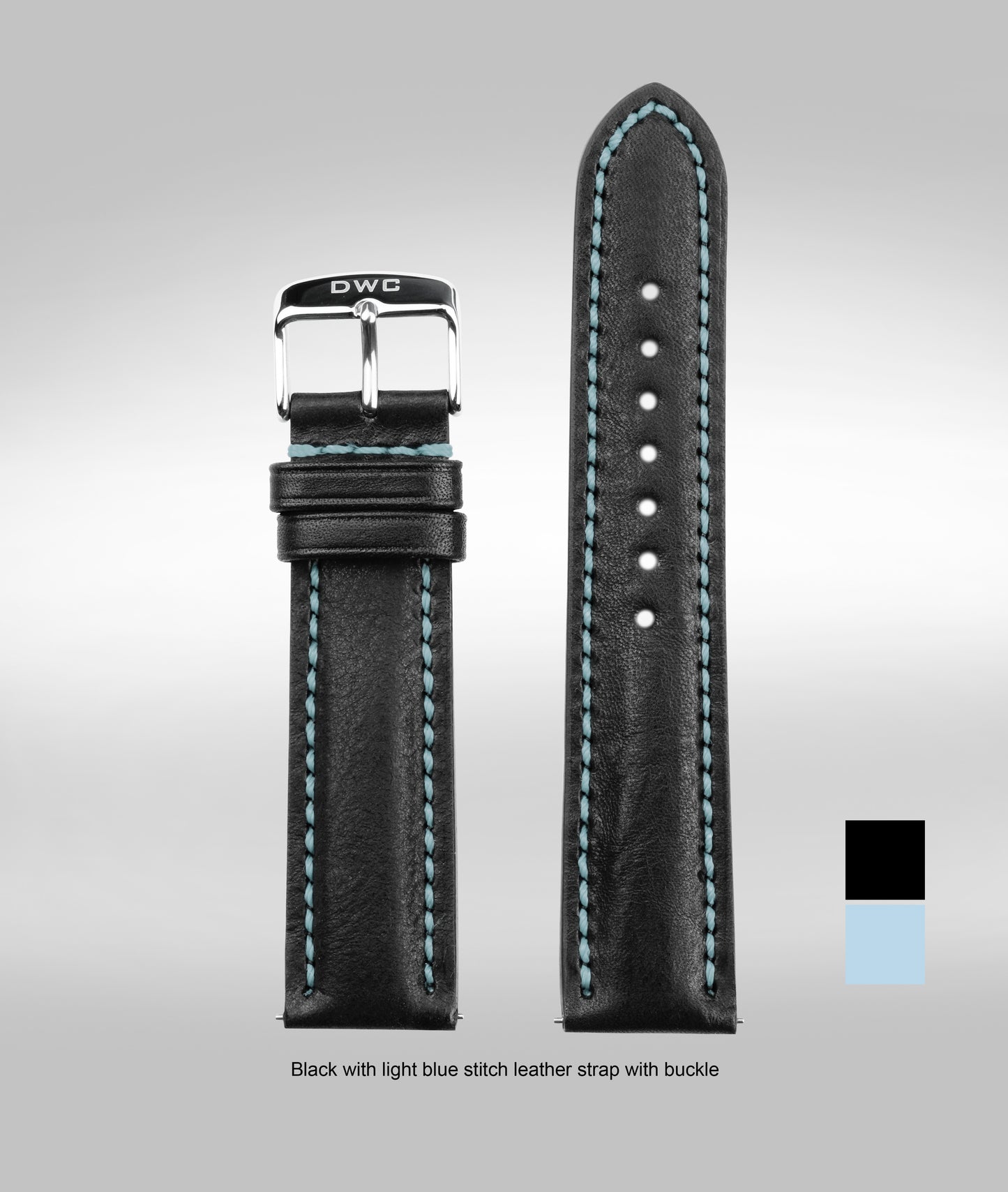 Black with light blue stitch padded leather strap - 22mm