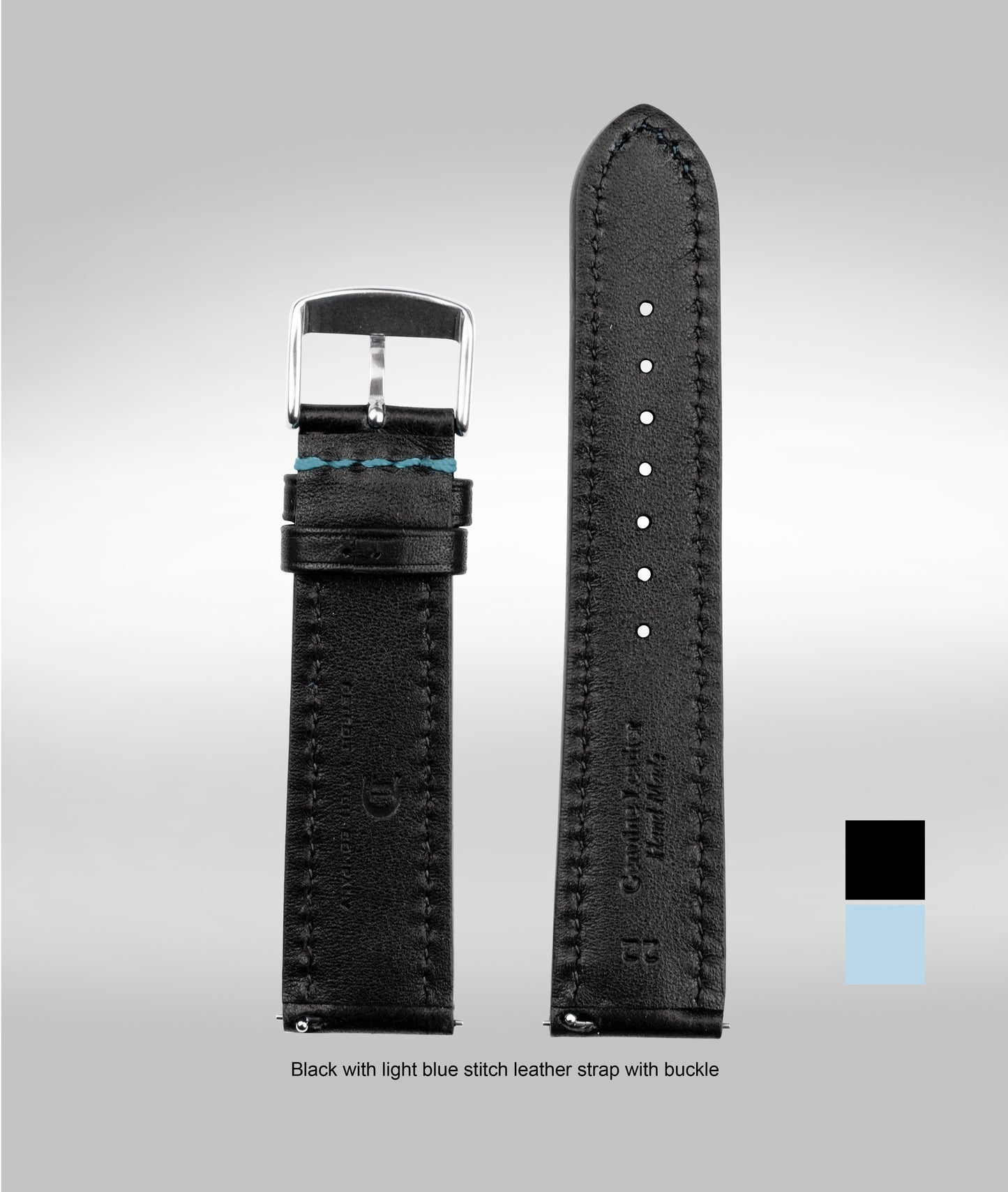 Black with light blue stitch padded leather strap - 22mm