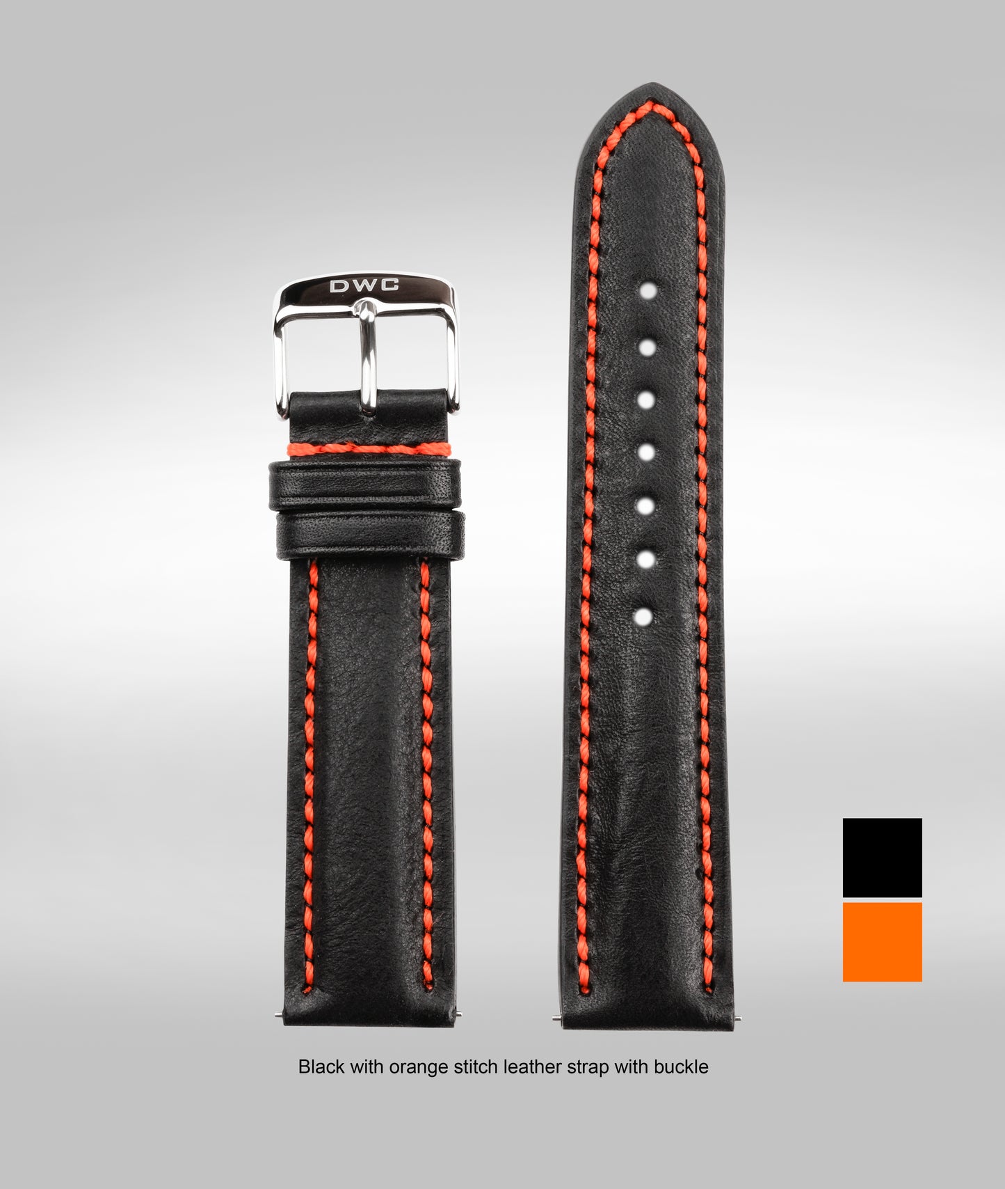 Black with orange stitch padded leather strap - 22mm