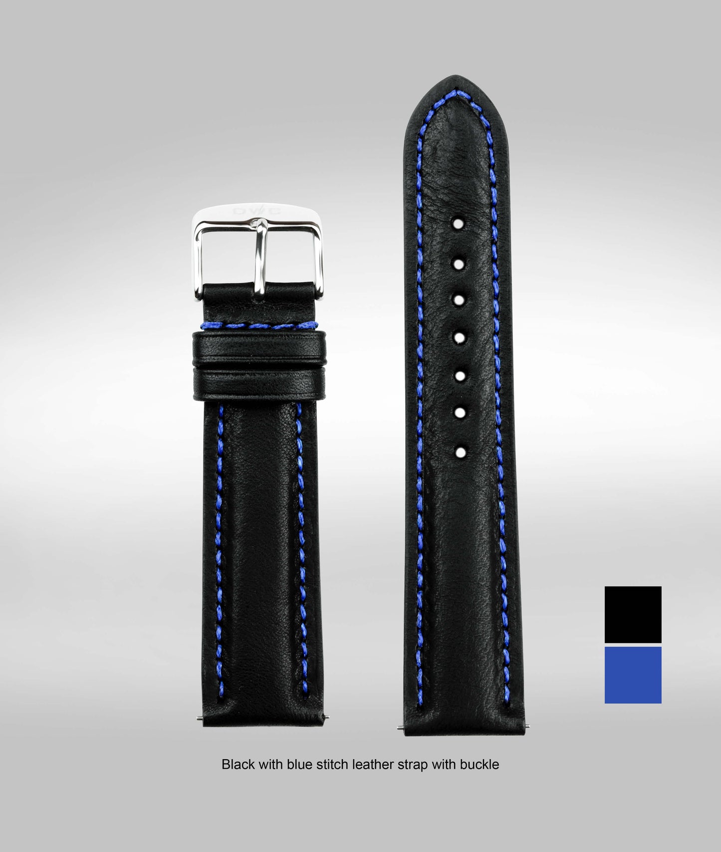 Black with blue stitching padded leather strap - 22mm