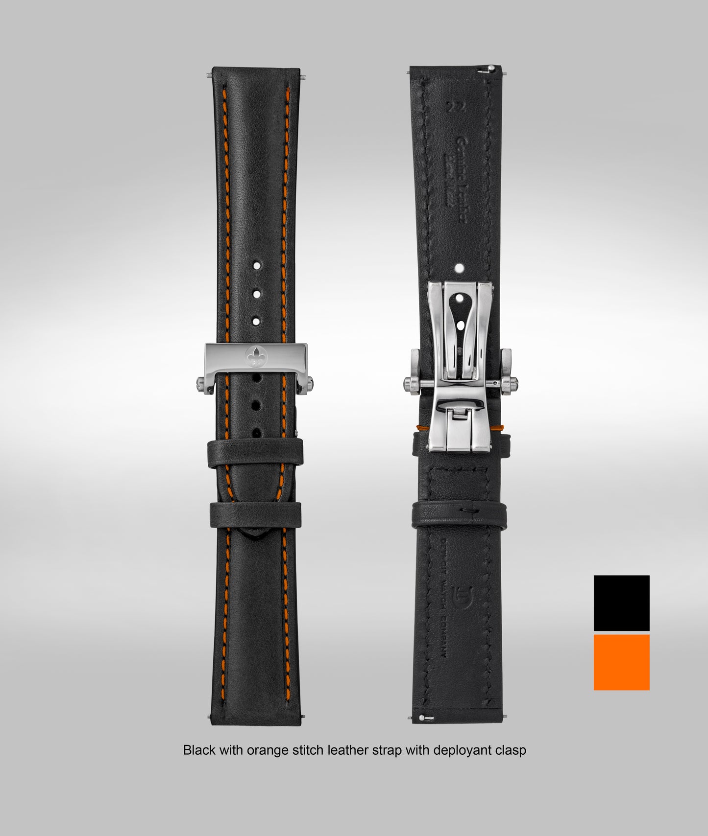 Black with orange stitch padded leather strap - 22mm