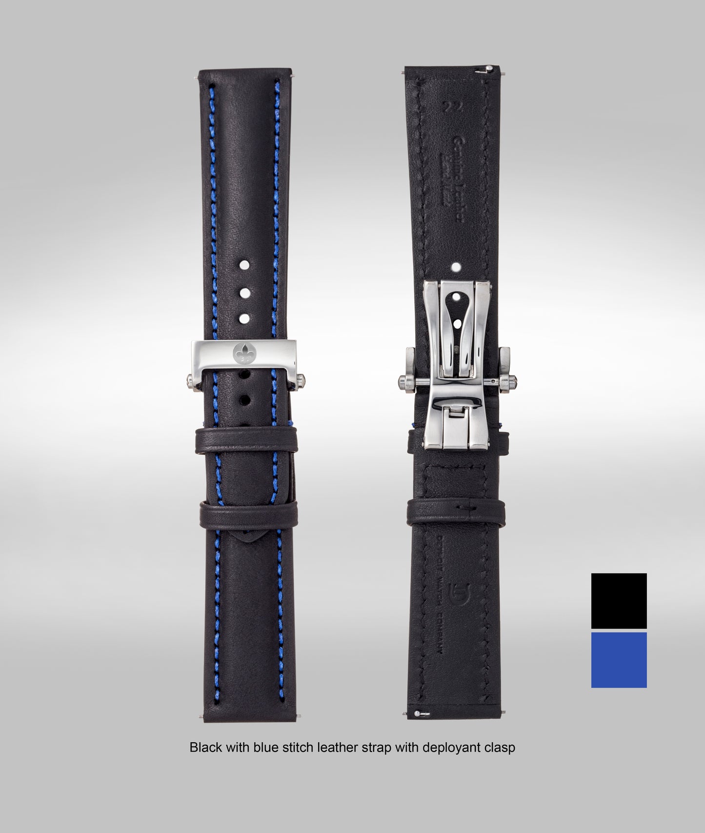 Black with blue stitching padded leather strap - 22mm