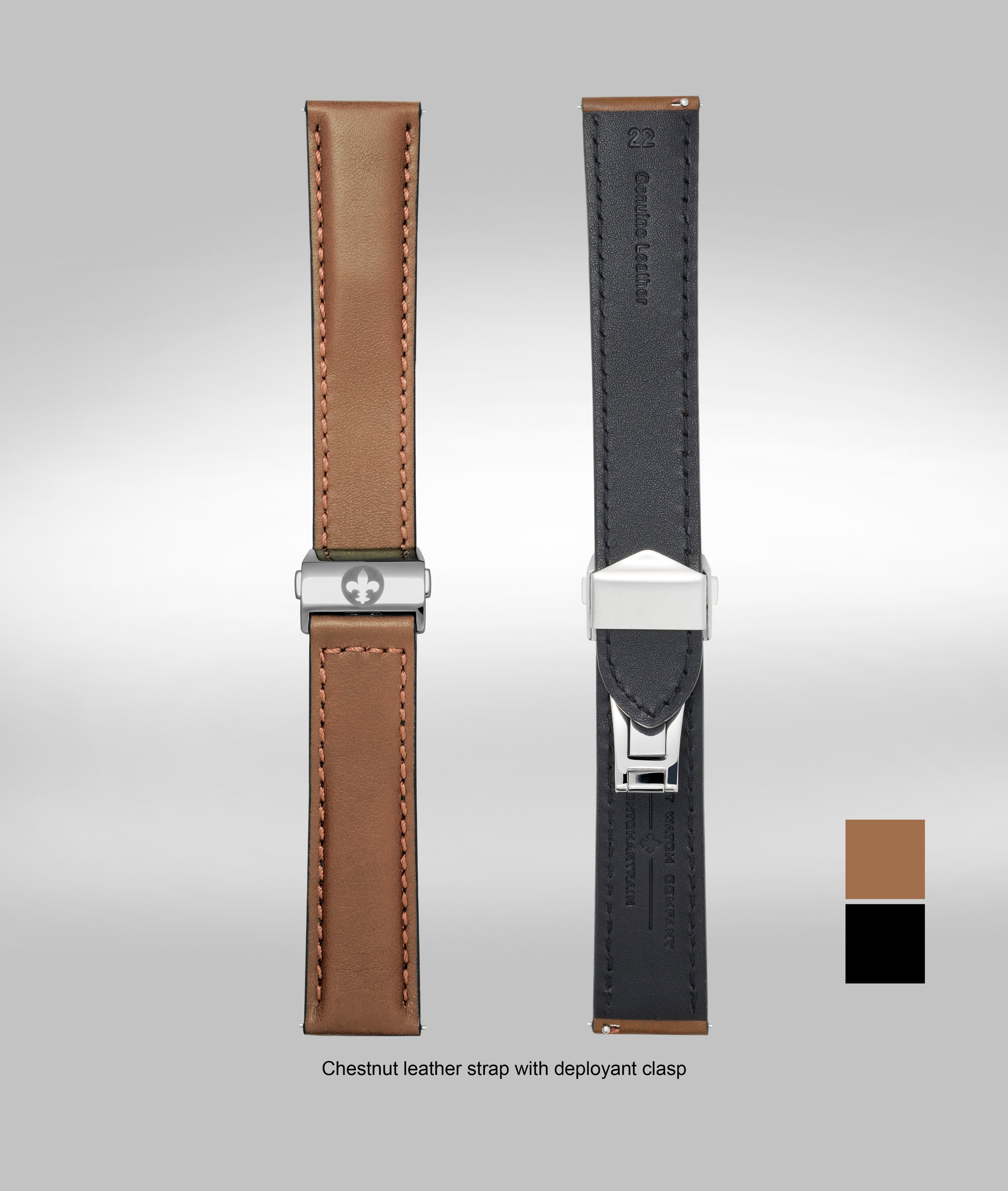 Chestnut padded leather strap Micro slide clasp 22mm Chestnut padded leather strap w/brushed deployant clasp