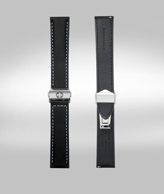 Black with light blue padded leather strap - Micro slide clasp - 22mm