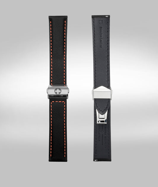 Black with orange padded leather strap - Micro slide clasp - 22mm