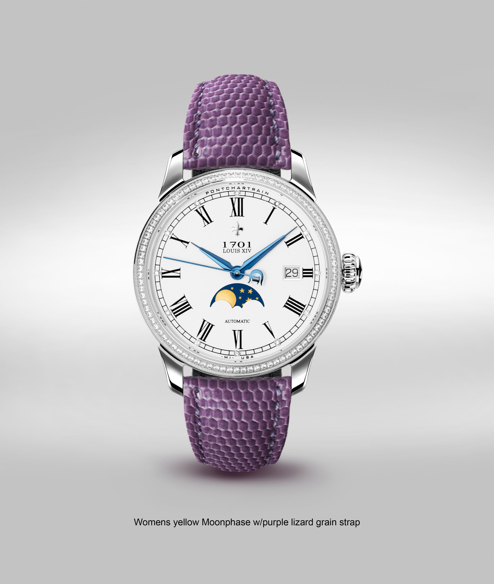 39mm Women's Pontchartrain Louis XIV Moonphase Exhibition Womens 39mm Louis XIV Silver Moon-Pink Lizard grain leather