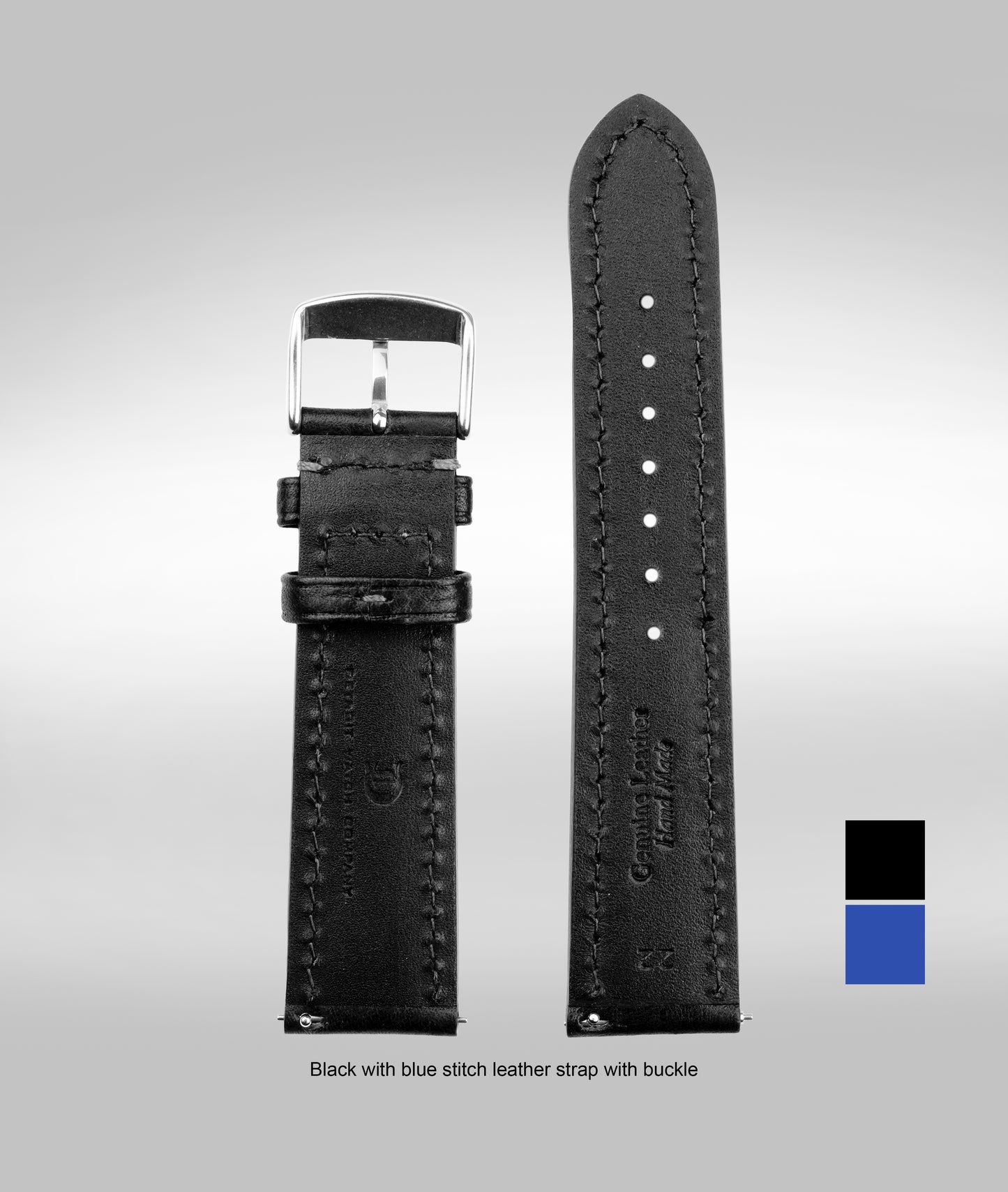 Black with blue stitching padded leather strap - 22mm