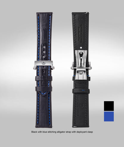 Genuine Mississippi Alligator black padded strap with blue stitch - 22mm
